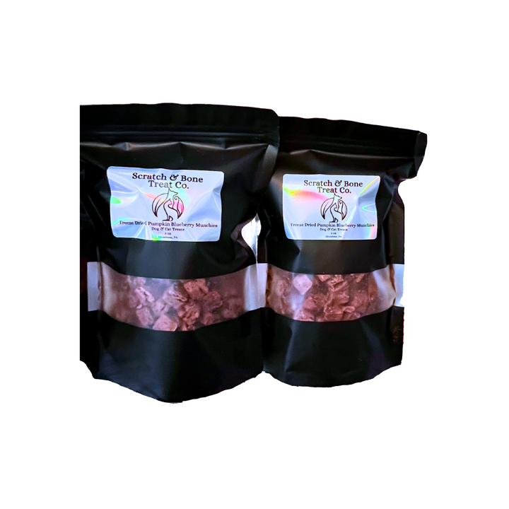 Three bags of freeze dried pumpkin blueberry munchies for dog treats and cat treats
